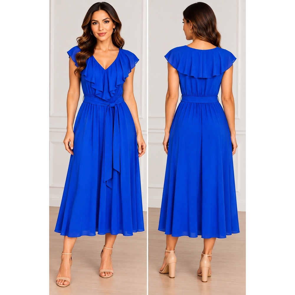 Bloomchic Midi Dress Womens 22-24 Blue Excellent Ruffle Flutter Sleeve V-Neck